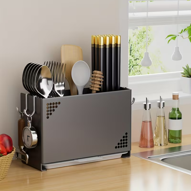 1pc Wall Mounted Chopstick Holder | Space Saving Kitchen Organizer with Cutlery Slots, Countertop Utensil Rack with Built-in Drainage System for Home and Restaurant Use, Suitable for Chopsticks, Spoons, Spatulas - Compact Countertop or Wall Rack
