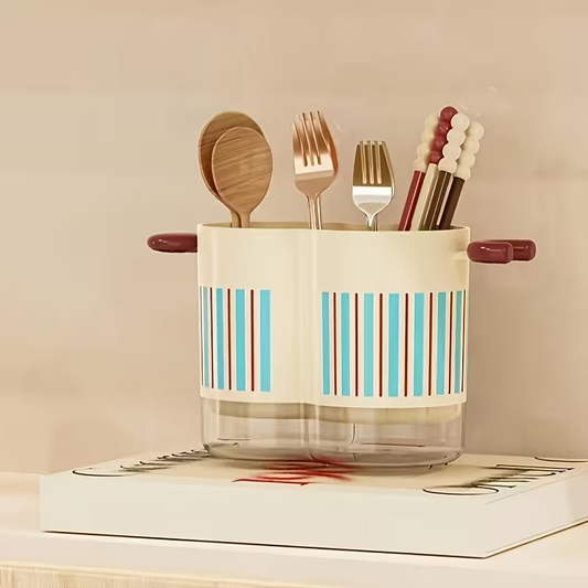 Dopamine Color - Home Dual-Compartment Chopstick Holder, Drainage Utensil Stand, Countertop Spoon and Fork Organizer with Storage Box