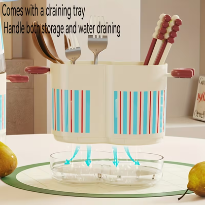 Dopamine Color - Home Dual-Compartment Chopstick Holder, Drainage Utensil Stand, Countertop Spoon and Fork Organizer with Storage Box