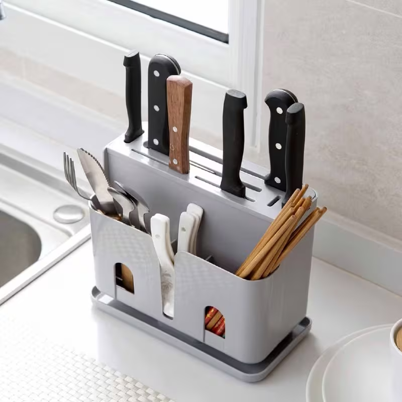 1pc Plastic Kitchen Organizer Rack, Chopsticks Storage Box, Knife Holder with Drain, Utensil Caddy for Cutlery and Knives