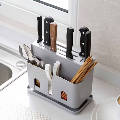 1pc Plastic Kitchen Organizer Rack, Chopsticks Storage Box, Knife Holder with Drain, Utensil Caddy for Cutlery and Knives