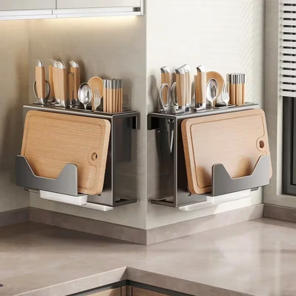 Wall-Mounted Kitchen Knife Rack with Chopstick Tube Storage | Metal Integrated Storage Rack for Cutting Tools and Chopping Boards