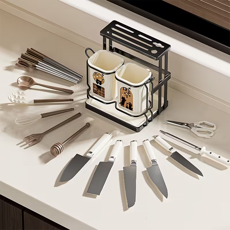 Multifunctional Kitchen Countertop Cutlery Organizer | Stainless Steel with Drip Tray, Ideal for Knives, Forks, and Chopsticks Storage, Suitable for Home and Commercial Use