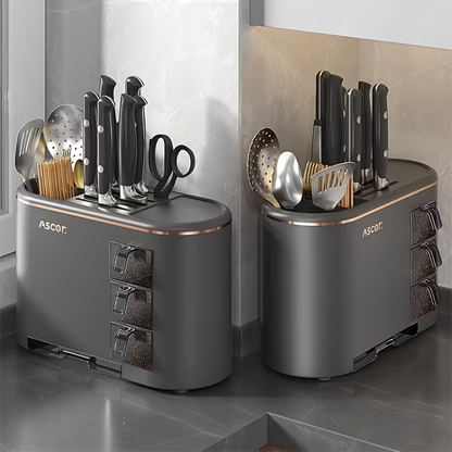A Multifunctional Kitchen Storage Rack, a Premium Holder for Knives And Kitchen Tools, Equipped with a Ventilated Back Panel for Optimal Air Circulation, Featuring Built-In Spice Boxes And a Multi-Hole Design