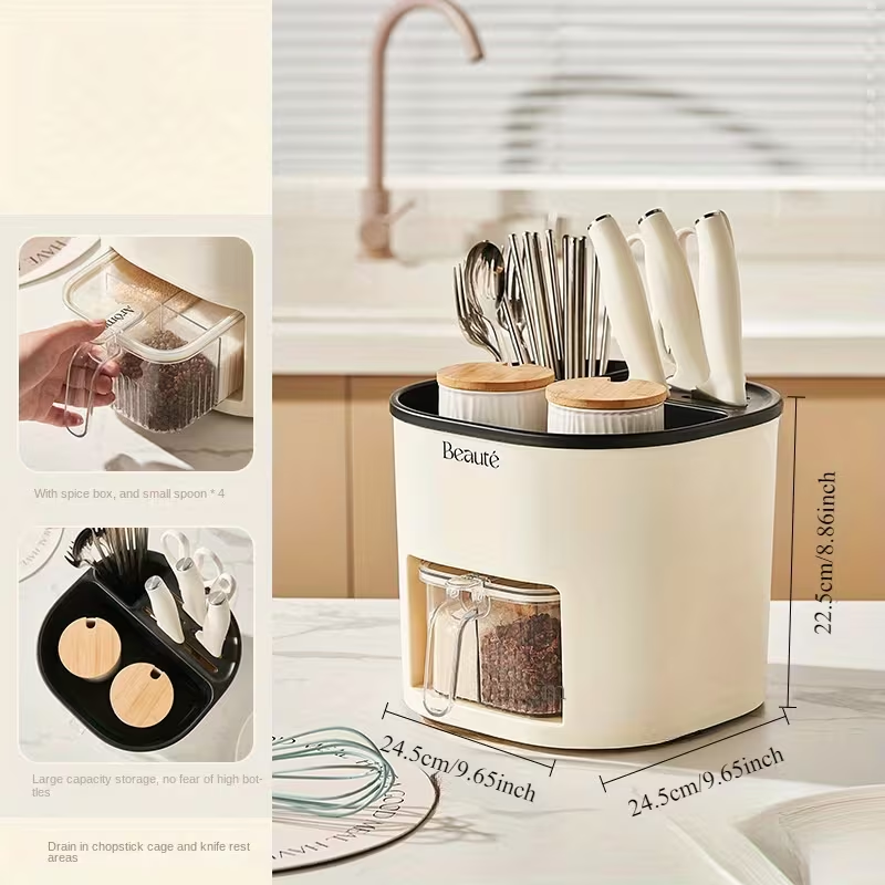 Multifunctional Kitchen Storage Rack | Large Capacity Rotating Holder with Chopsticks Container and Seasoning Box, Plastic Material