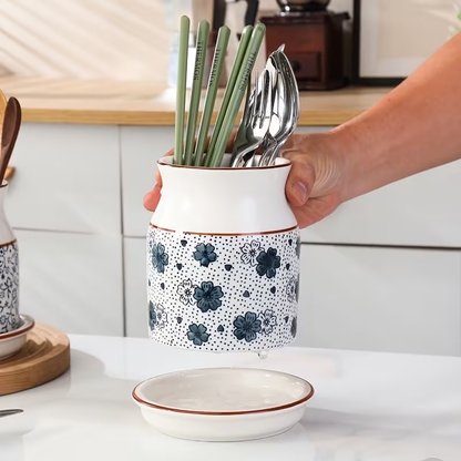 [Ceramic Utensil Rack] 2pcs/Set Ceramic Kitchen Utensil Storage Rack | Large Capacity, Cherry Blossom Pattern, Ceramic Base, Perfect for Desktop Countertop Storage and Decoration