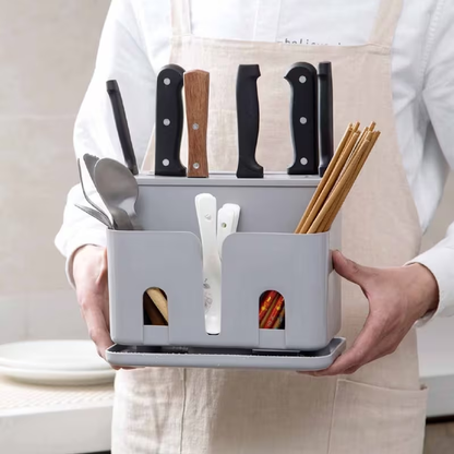 1pc Plastic Kitchen Organizer Rack, Chopsticks Storage Box, Knife Holder with Drain, Utensil Caddy for Cutlery and Knives