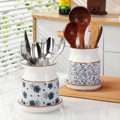 [Ceramic Utensil Rack] 2pcs/Set Ceramic Kitchen Utensil Storage Rack | Large Capacity, Cherry Blossom Pattern, Ceramic Base, Perfect for Desktop Countertop Storage and Decoration