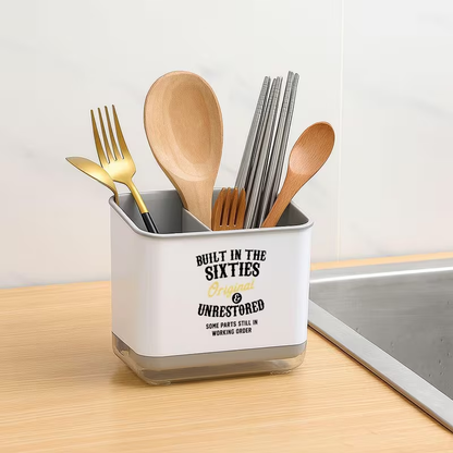 Playful Print Kitchen Utensil Organizer - Cute Utensil Holder with Spatula Slot & Spoon/Fork Compartments, Durable Plastic Countertop Storage for Farmhouse Sink, Space-Saving Black & White Utensil Organizer for Spoons, Knives, Spatulas