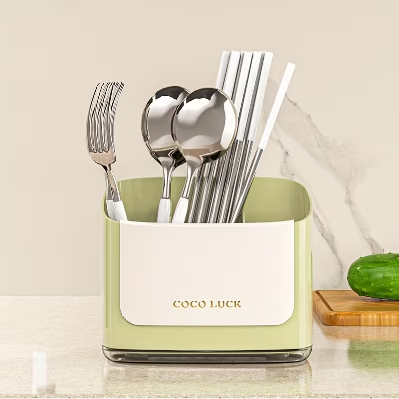 Cutlery Storage Box with a Drainage Rack And Dividers, Wall-Mounted Without Drilling, Suitable for Storing Chopsticks, Knives, Forks, Spoons, And Other Utensils