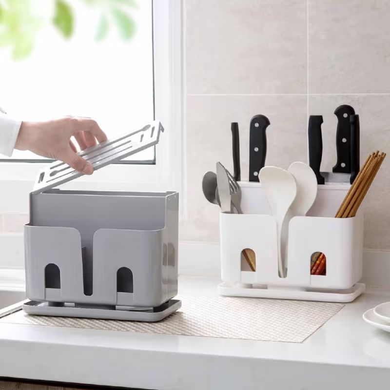 1pc Plastic Kitchen Organizer Rack, Chopsticks Storage Box, Knife Holder with Drain, Utensil Caddy for Cutlery and Knives