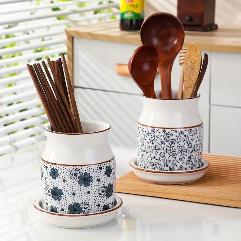 [Ceramic Utensil Rack] 2pcs/Set Ceramic Kitchen Utensil Storage Rack | Large Capacity, Cherry Blossom Pattern, Ceramic Base, Perfect for Desktop Countertop Storage and Decoration