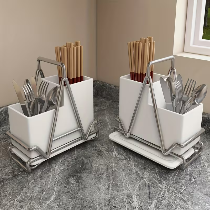 1pc Cream White Stainless Steel Utensil Holder with Metal Accents - Multifunctional Kitchen Countertop Organizer for Cooking Utensils, Knives, Spoons, and Forks, Dining Room Accessory|Triangular Design|Metal Utensil Holder, Kitchen Utensils