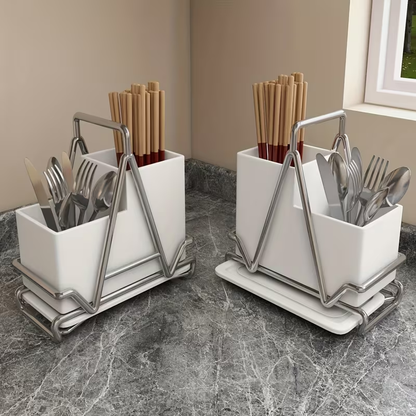 1pc Cream White Stainless Steel Utensil Holder with Metal Accents - Multifunctional Kitchen Countertop Organizer for Cooking Utensils, Knives, Spoons, and Forks, Dining Room Accessory|Triangular Design|Metal Utensil Holder, Kitchen Utensils
