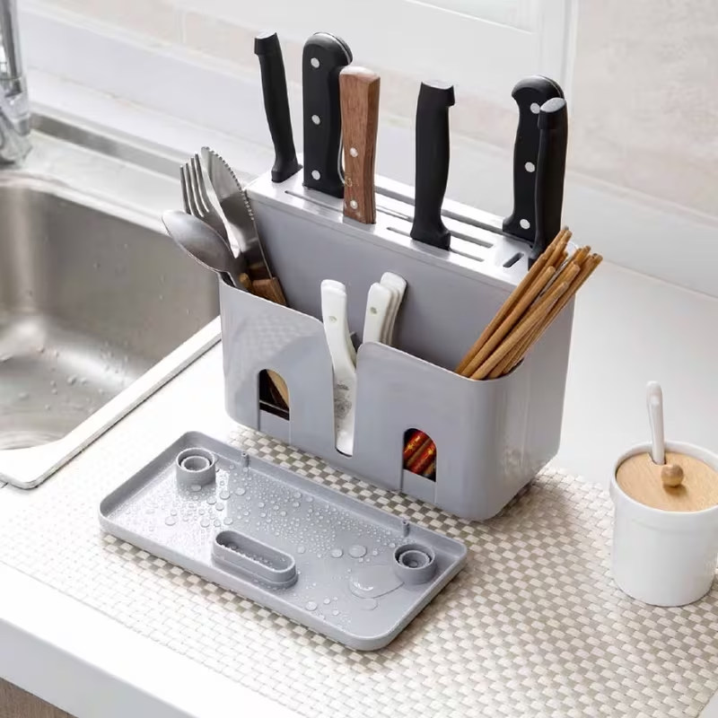 1pc Plastic Kitchen Organizer Rack, Chopsticks Storage Box, Knife Holder with Drain, Utensil Caddy for Cutlery and Knives