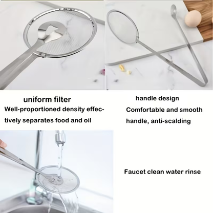 Extended Stainless Steel Oil Spoon Filter | Multifunctional Non-Stick Mesh Oil Pan Clamp, Suitable for Stir Frying and Oil Draining, All-Season Use, Kitchen Supplies