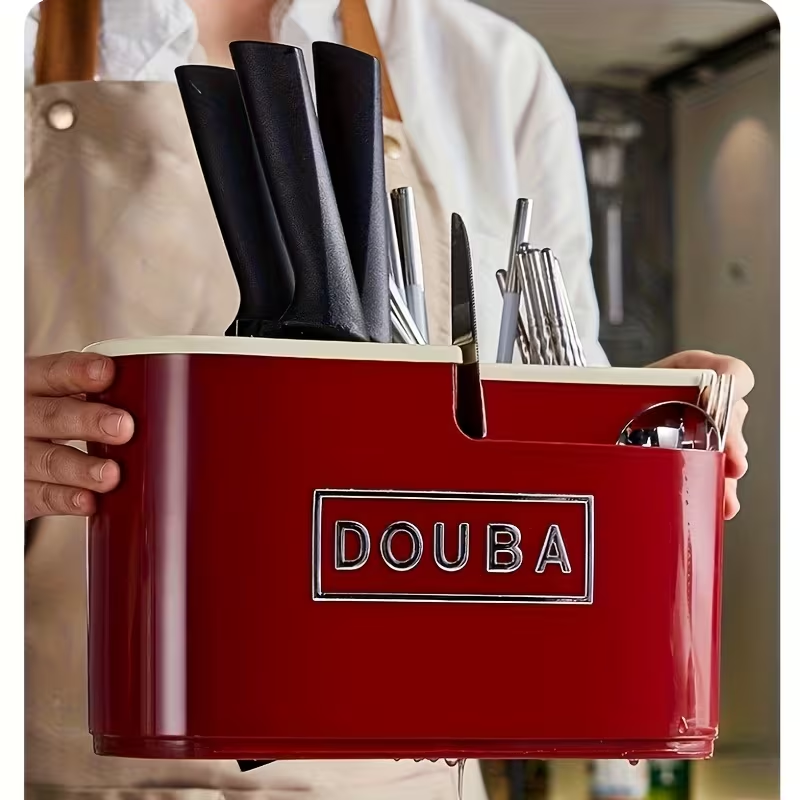 1pc Red Multi-functional Knife and Cutlery Organizer with Drip Tray, Countertop Multi-purpose Utensil Storage Box and Chopstick Drainer, Insertable Vertical Fork and Knife Organizer Storage Box, Made of Washable, Durable, and Easy-to-install Plastic.
