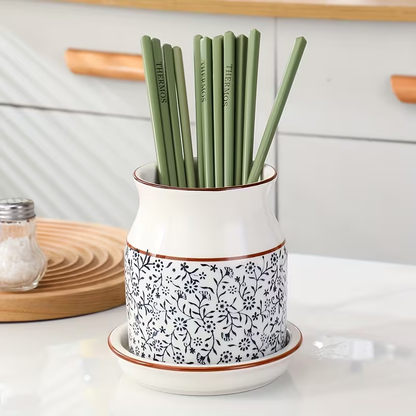 [Ceramic Utensil Rack] 2pcs/Set Ceramic Kitchen Utensil Storage Rack | Large Capacity, Cherry Blossom Pattern, Ceramic Base, Perfect for Desktop Countertop Storage and Decoration