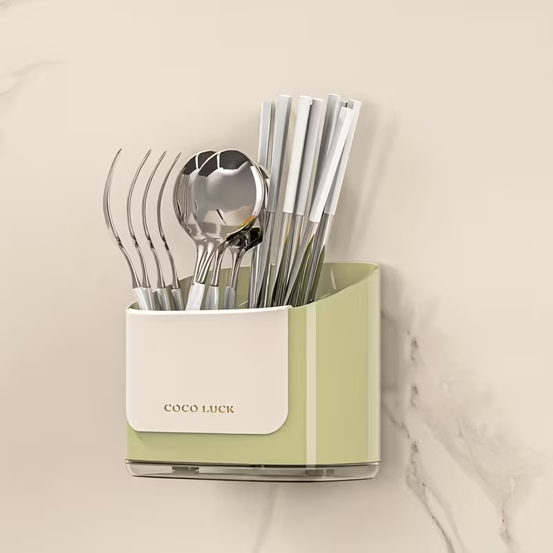 Cutlery Storage Box with a Drainage Rack And Dividers, Wall-Mounted Without Drilling, Suitable for Storing Chopsticks, Knives, Forks, Spoons, And Other Utensils