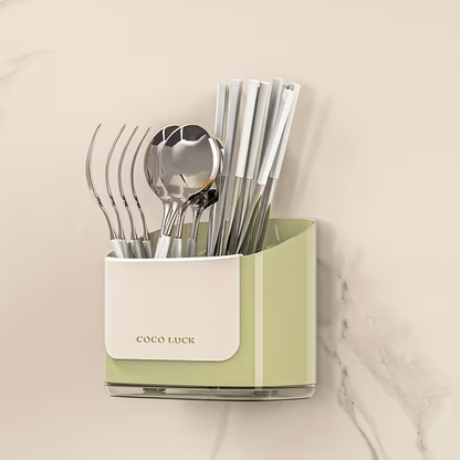Cutlery Storage Box with a Drainage Rack And Dividers, Wall-Mounted Without Drilling, Suitable for Storing Chopsticks, Knives, Forks, Spoons, And Other Utensils