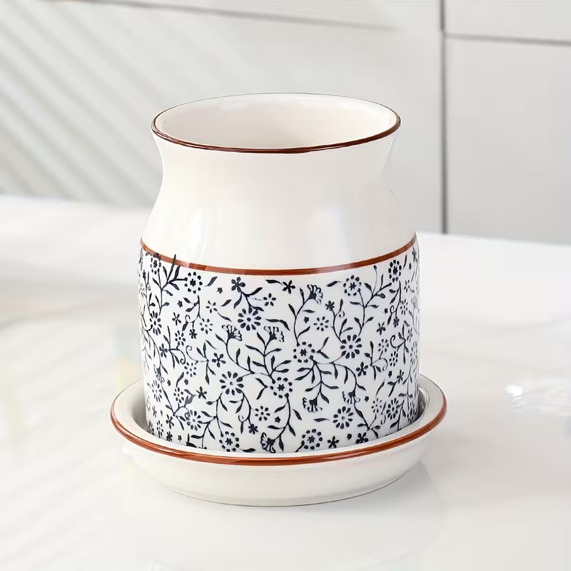 [Ceramic Utensil Rack] 2pcs/Set Ceramic Kitchen Utensil Storage Rack | Large Capacity, Cherry Blossom Pattern, Ceramic Base, Perfect for Desktop Countertop Storage and Decoration