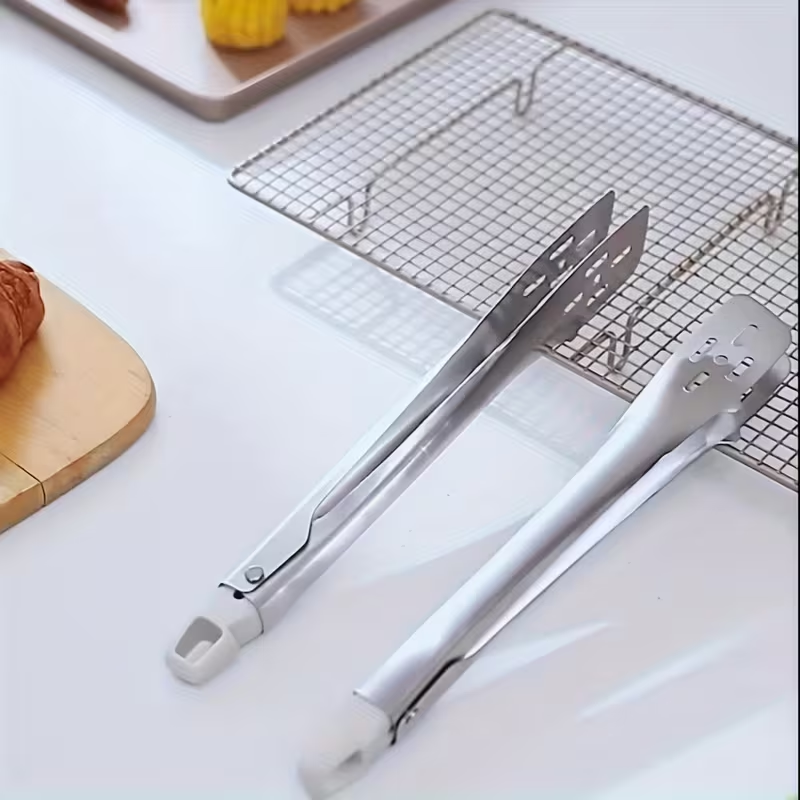 [Heavy-Duty | Stainless Steel] 1pc Heavy-Duty Stainless Steel Kitchen Clamp | Long Handle, Non-Slip Grip for Steak, BBQ, Salad, Bread, Pastries | Commercial & Home Use, Easy-Clean, Restaurant Food Tongs, Bbq Essentials, Streamlined Design