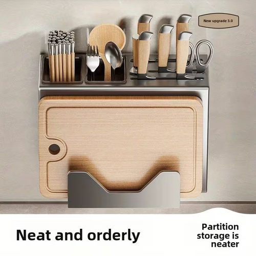 Wall-Mounted Kitchen Knife Rack with Chopstick Tube Storage | Metal Integrated Storage Rack for Cutting Tools and Chopping Boards