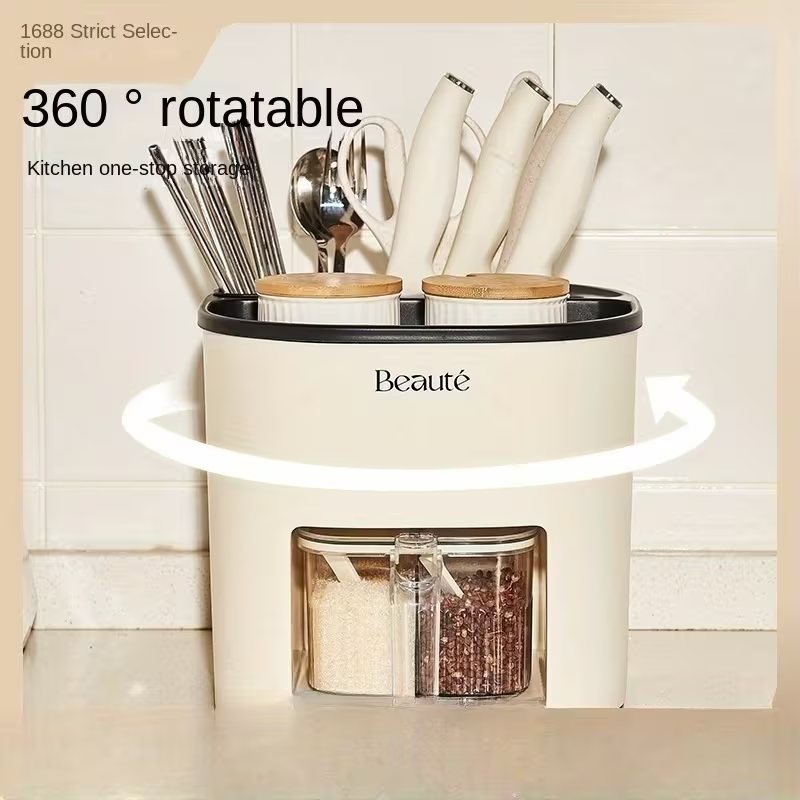 Multifunctional Kitchen Storage Rack | Large Capacity Rotating Holder with Chopsticks Container and Seasoning Box, Plastic Material