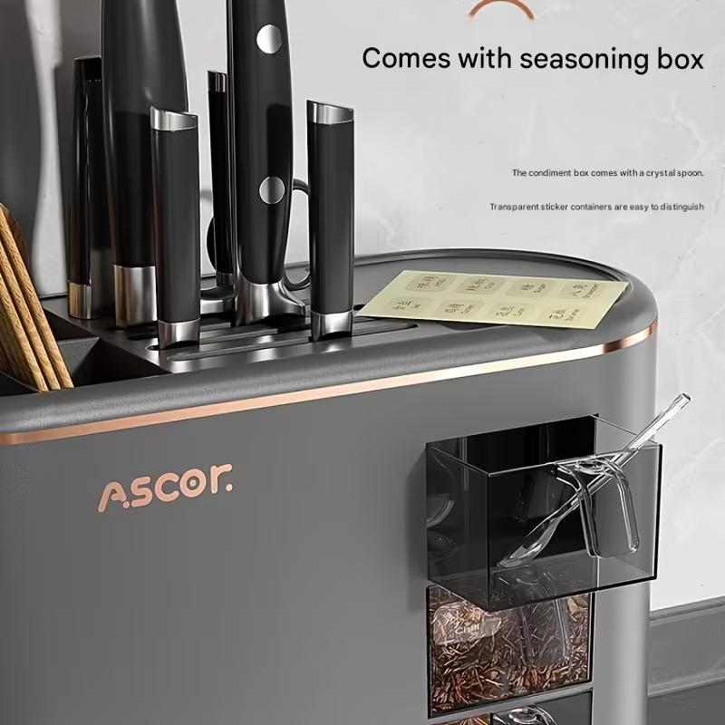 A Multifunctional Kitchen Storage Rack, a Premium Holder for Knives And Kitchen Tools, Equipped with a Ventilated Back Panel for Optimal Air Circulation, Featuring Built-In Spice Boxes And a Multi-Hole Design