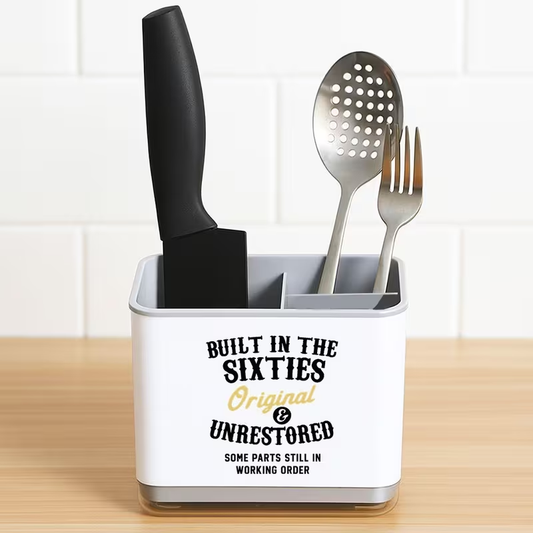 Playful Print Kitchen Utensil Organizer - Cute Utensil Holder with Spatula Slot & Spoon/Fork Compartments, Durable Plastic Countertop Storage for Farmhouse Sink, Space-Saving Black & White Utensil Organizer for Spoons, Knives, Spatulas